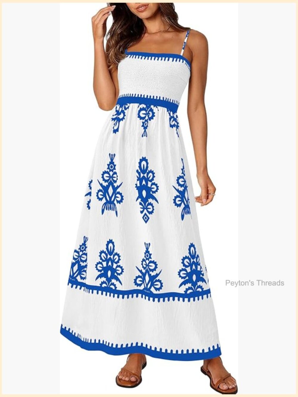 Floral Smocked Maxi Dress Sleeveless Spaghetti Strap A-Line with Pockets